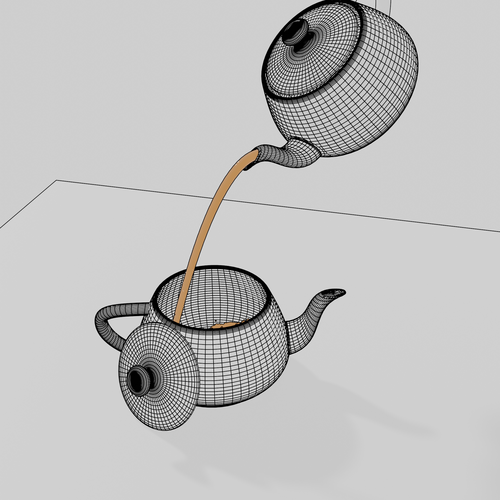 A wireframe 3D model of a teapot pouring a brown liquid into another teapot with its lid off.