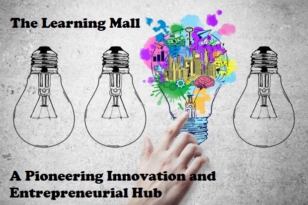 The Learning Mall: A Pioneering Innovation and Entrepreneurial Hub text with lightbulbs, one filled with colourful ideas