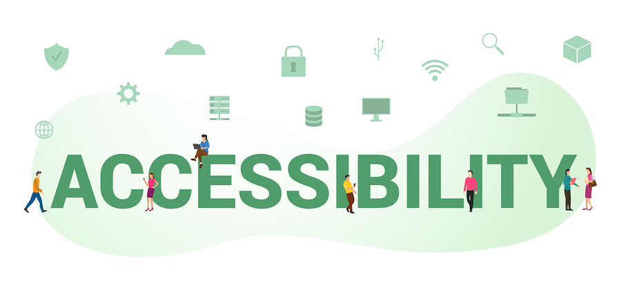 The word ACCESSIBILITY in large green letters with small people interacting with the letters and various tech icons above.