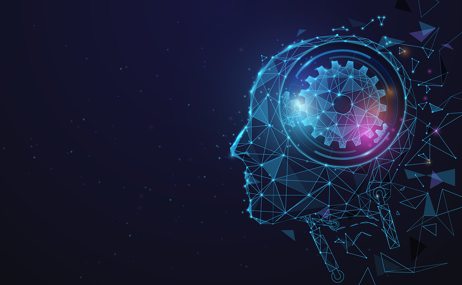 Stylised blue wireframe profile of a human head with a glowing cogwheel inside, against a dark background.