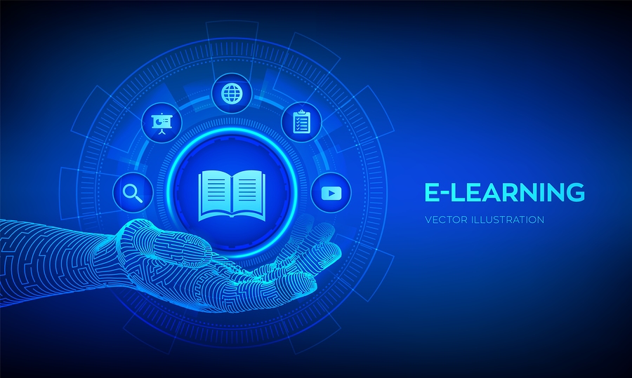 A robotic hand holds a glowing open book icon, surrounded by other e-learning icons on a blue background.