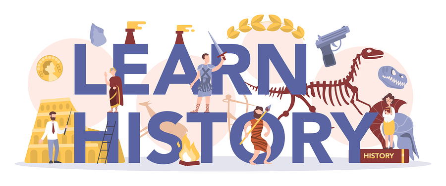 Learn History banner with illustrations of historical figures and artefacts, including a Roman soldier, a caveman, a