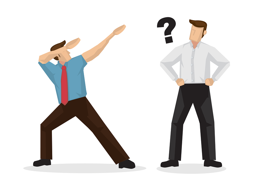 A man dabbing while another man stands next to him with a question mark above his head.