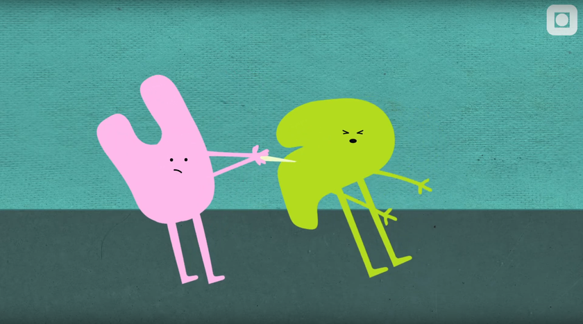 A pink blob-like character stabs a green blob-like character with a small white knife.