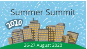 Summer Summit 2020, 26-27 August 2020. Graphic of a city skyline with arrows in the sky.