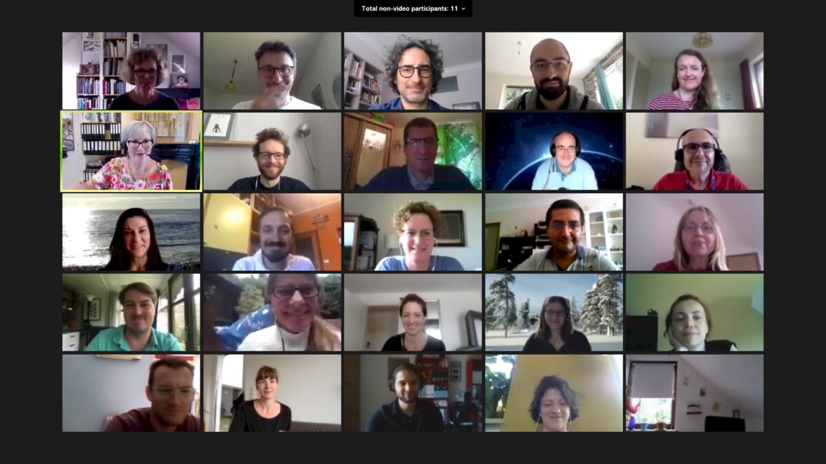 A grid of 25 video conference participants, mostly smiling, with a banner showing 11 non-video participants.