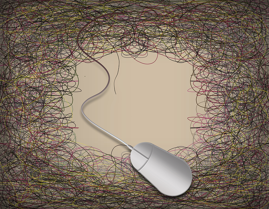 A computer mouse with its cable extending into a tangled web of colourful lines, symbolising online disinformation.