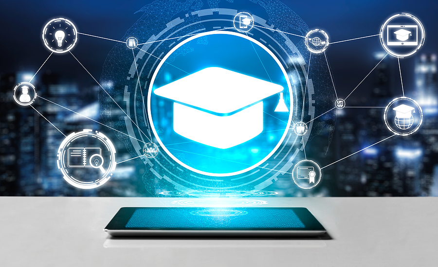 Digital learning concept with a tablet and interconnected icons like a graduation cap, lightbulb, and book.