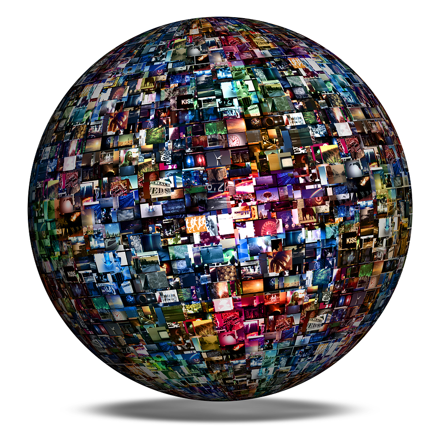 A sphere made of hundreds of small, colourful multimedia images, casting a shadow on a white background.