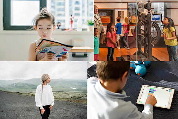Collage of four images: a girl reading, children in a museum, a woman in a landscape, a boy coding on a tablet.