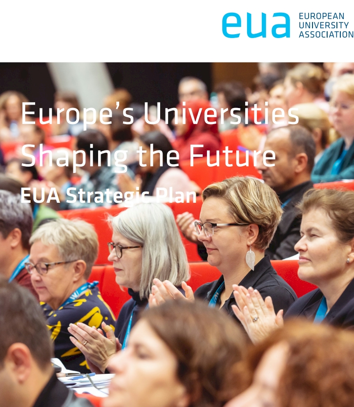 EUA logo and text: Europe's Universities Shaping the Future, EUA Strategic Plan. Audience clapping.