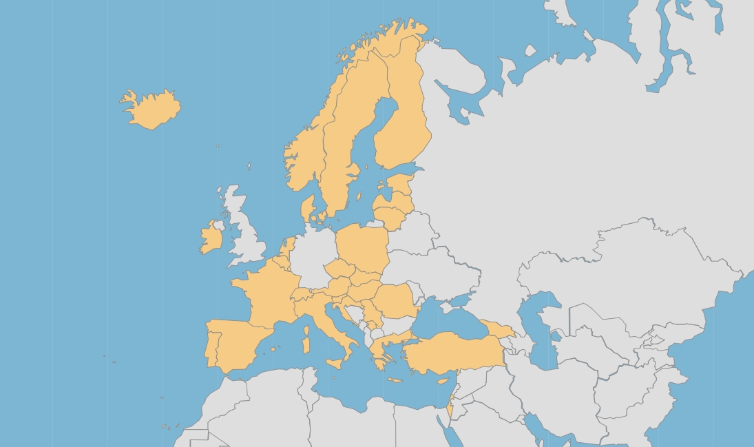 Map of Europe, with EU member states and some other countries highlighted in orange.