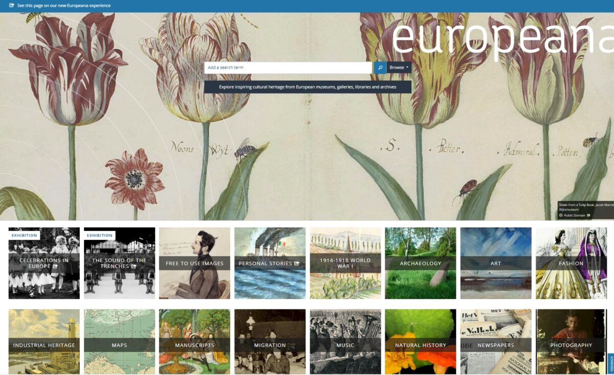 Screenshot of the Europeana website homepage with a search bar and categories like Art, Fashion, Music.