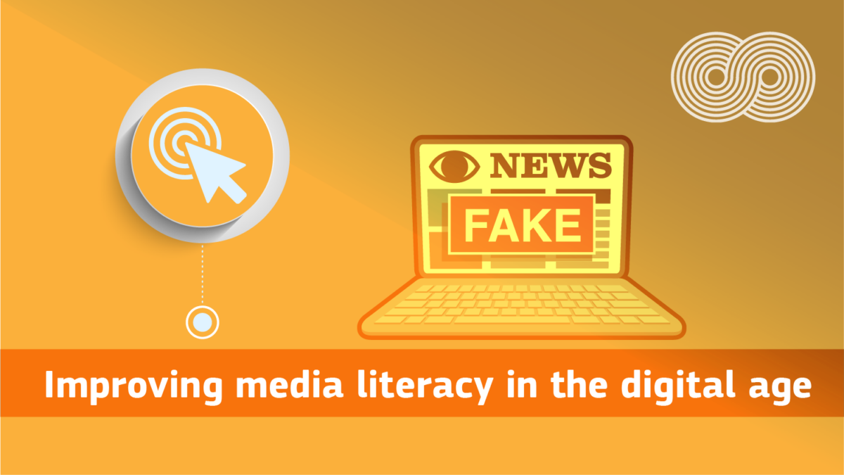 A cursor clicks a target, a laptop screen shows a fake news headline. Text: Improving media literacy in the digital age.