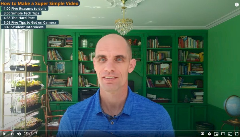 Michael Wesch on a video call, with a list of topics and timestamps on the left side of the screen.