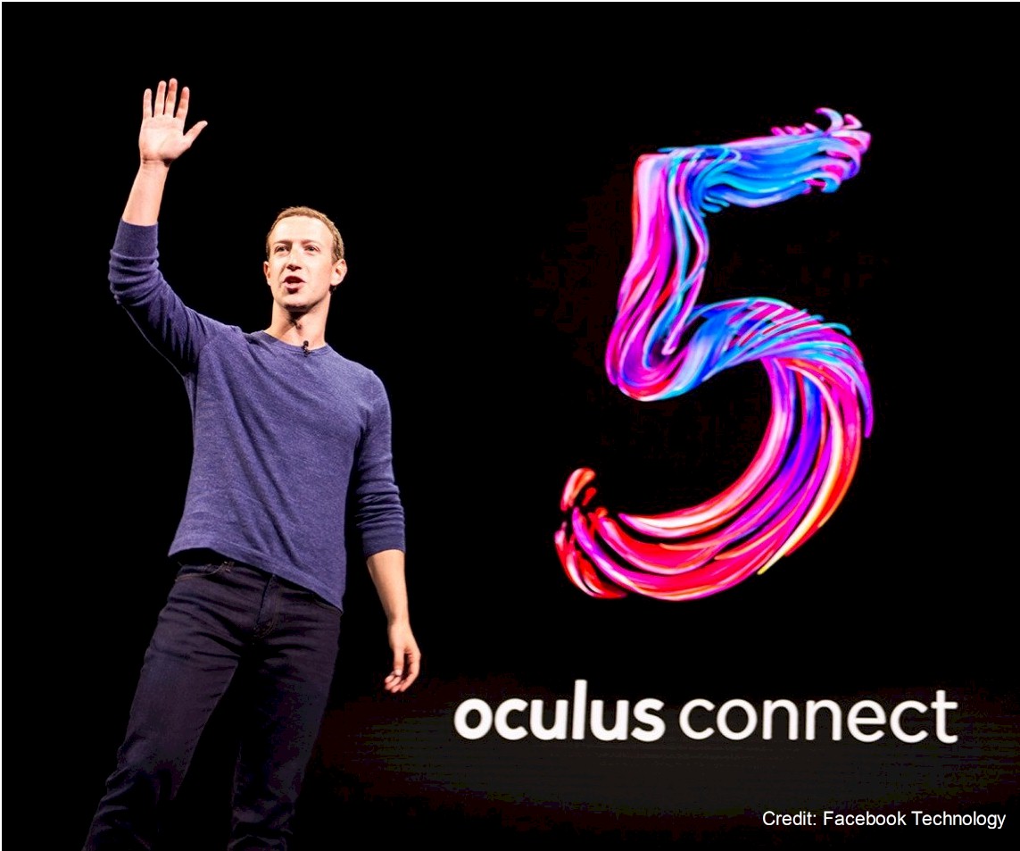 A speaker on stage, with a large, colourful number 5 and the text oculus connect on a black background.