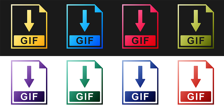 Eight icons of a GIF file document with a download arrow, in various colours and backgrounds.