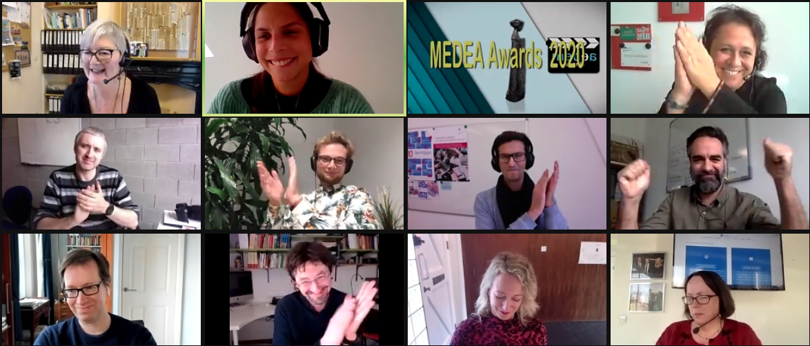 Screenshot of a video call with 11 people clapping and smiling, and a screen showing MEDEA Awards 2020
