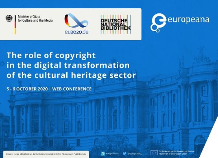 Poster for the Europeana Copyright Conference on 5-6 October 2020, with a building in the background.