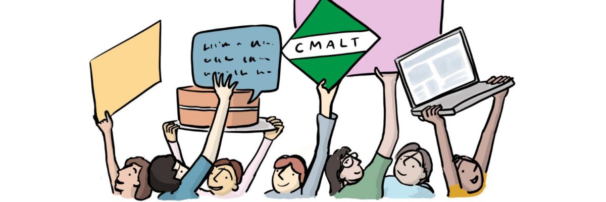 Six people holding up various items: a blank sign, a speech bubble, a green CMALT sign, a laptop.