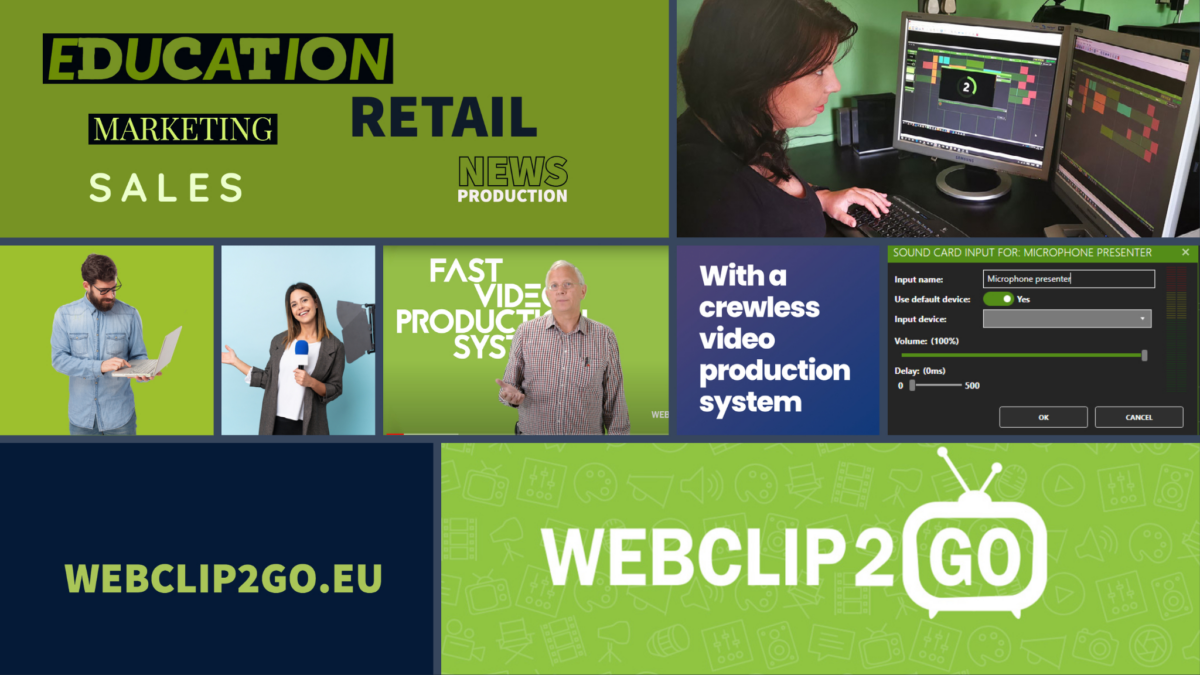 WebClip2Go promotional image showing a woman editing video, people presenting, and a sound card input menu.