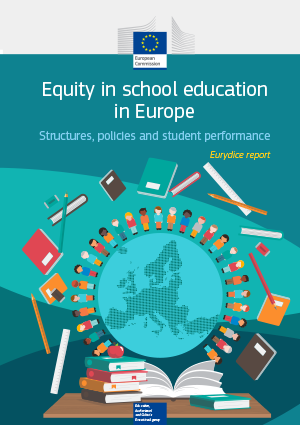 Cover of the Eurydice report Equity in school education in Europe, showing a world map surrounded by diverse students and