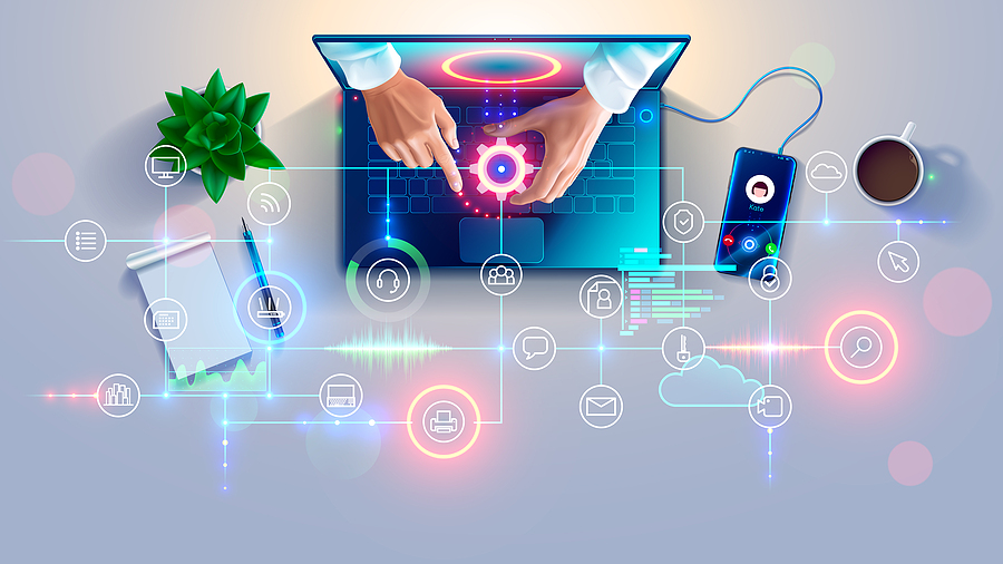 Overhead view of a laptop with hands adjusting a glowing cog, surrounded by digital icons and connections.
