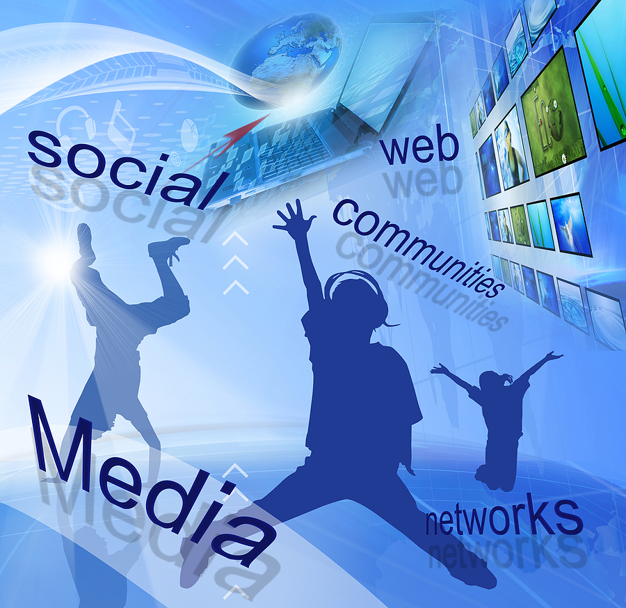 Silhouettes of people jumping, with words 'social', 'Media', 'web', 'communities', 'networks'