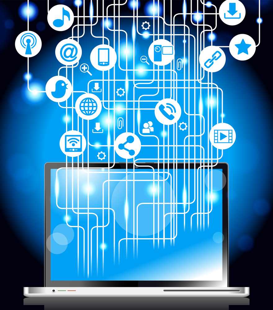 Laptop with a network of white lines and social media icons, including music, email, phone, and share.