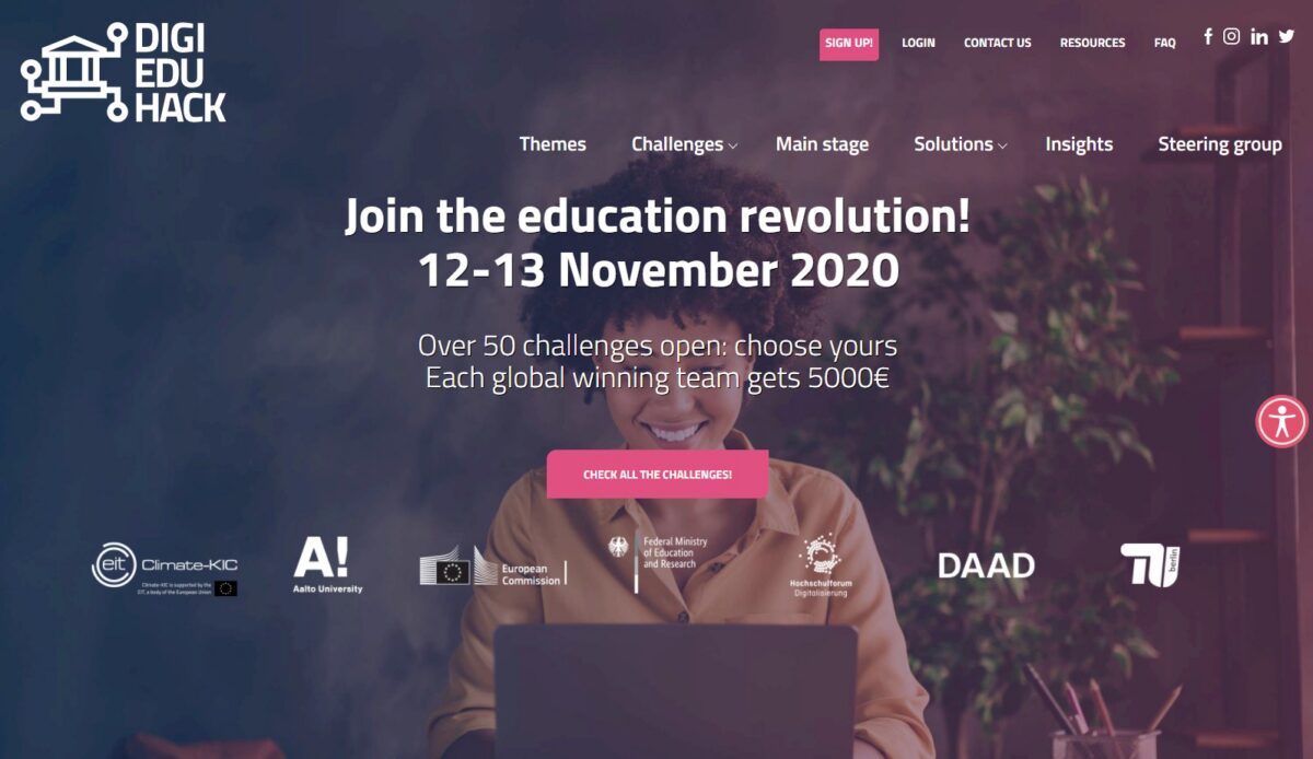 DigiEduHack website screenshot: woman smiling at laptop, text Join the education revolution! 12-13 November 2020