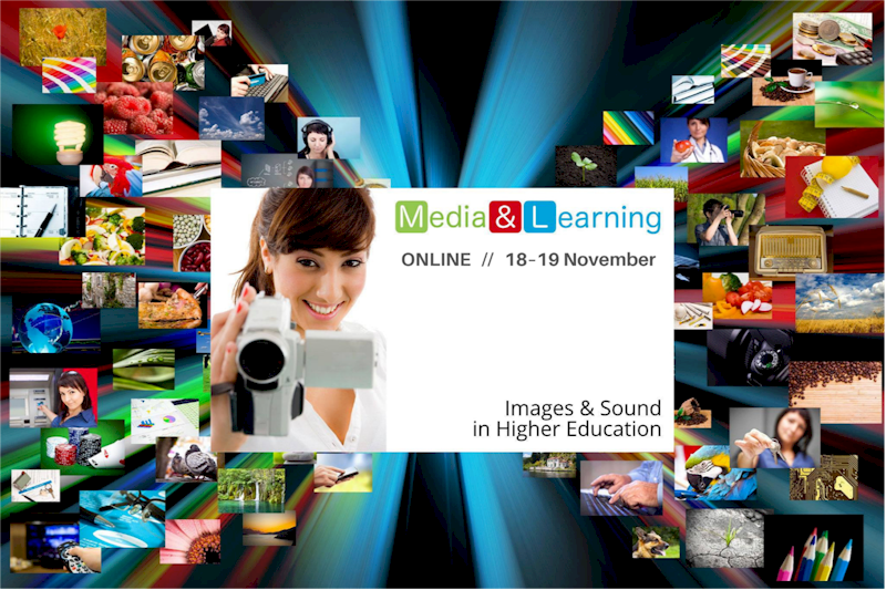 A woman holding a video camera, surrounded by a collage of small images, with "Media & Learning ONLINE // 18-19 November"