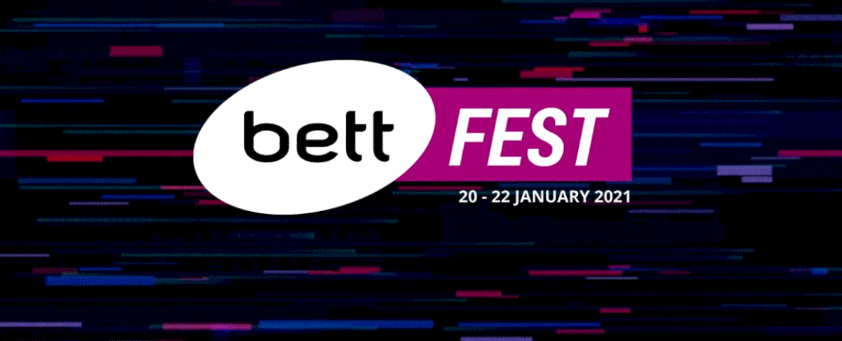 Bett Fest logo with the text 20-22 January 2021 on a background of horizontal coloured lines