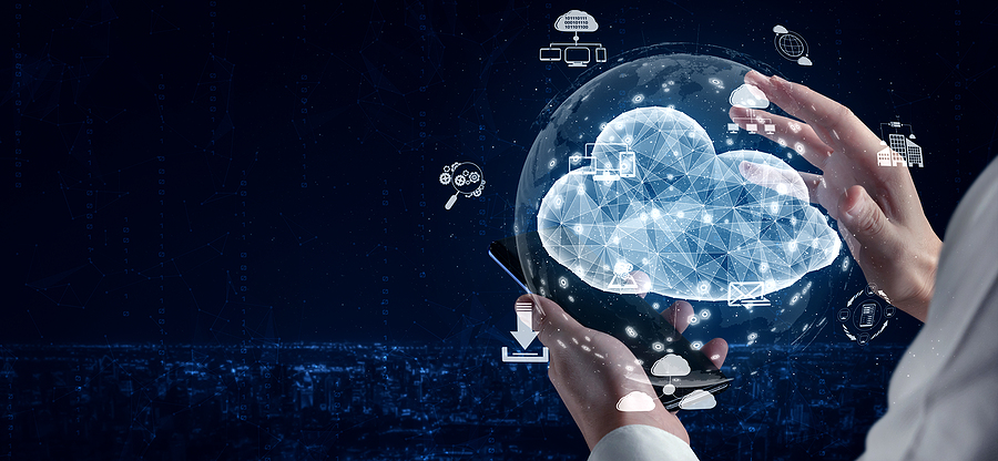 Hands interacting with a holographic cloud computing network, symbolising digital education and media.