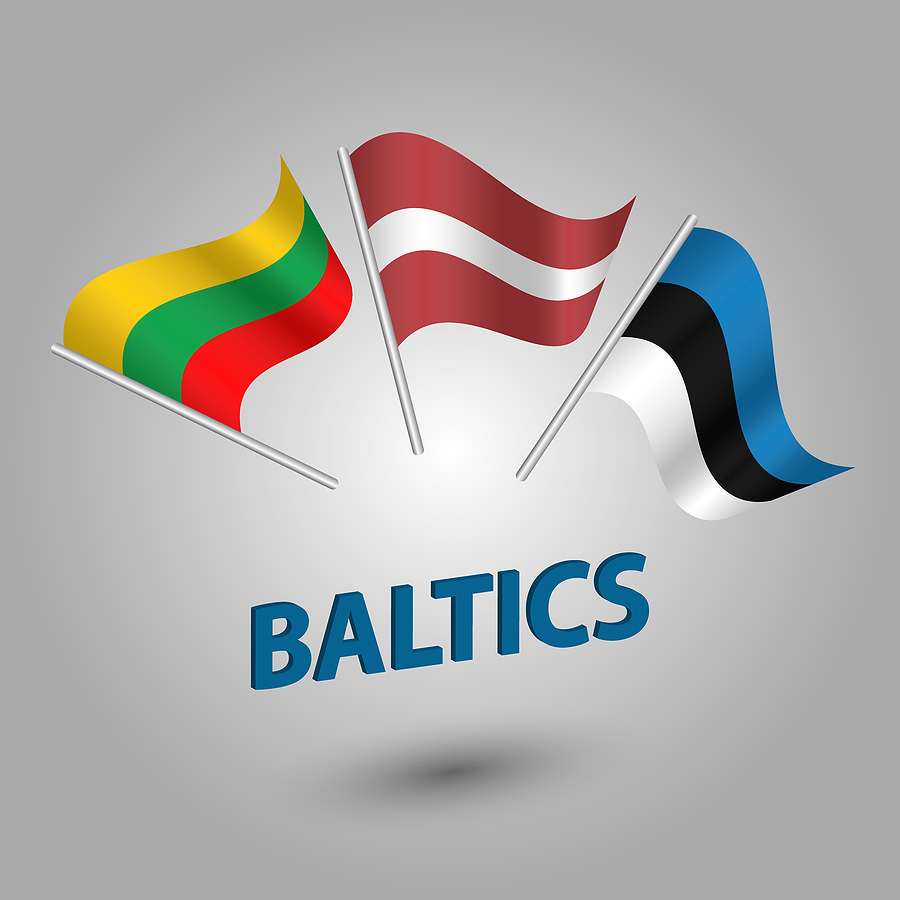 Three waving flags on poles: Lithuania (yellow, green, red), Latvia (maroon, white, maroon), Estonia (blue, black, white).