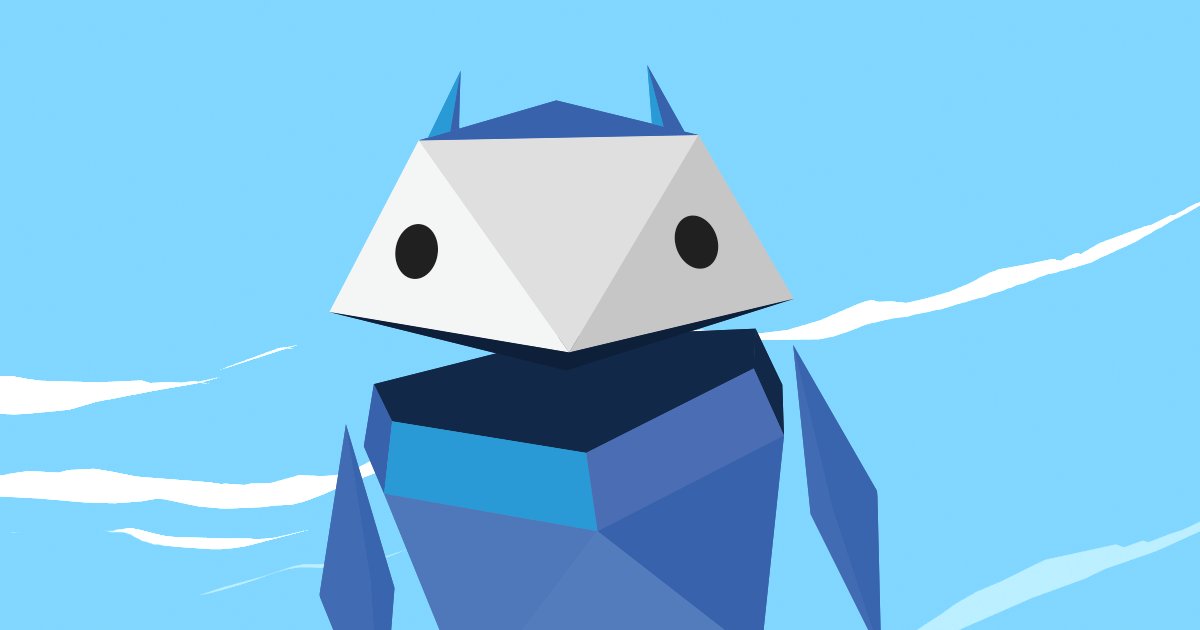 A low-poly robot with a white head, dark blue body, and small horns, against a blue sky with white clouds.