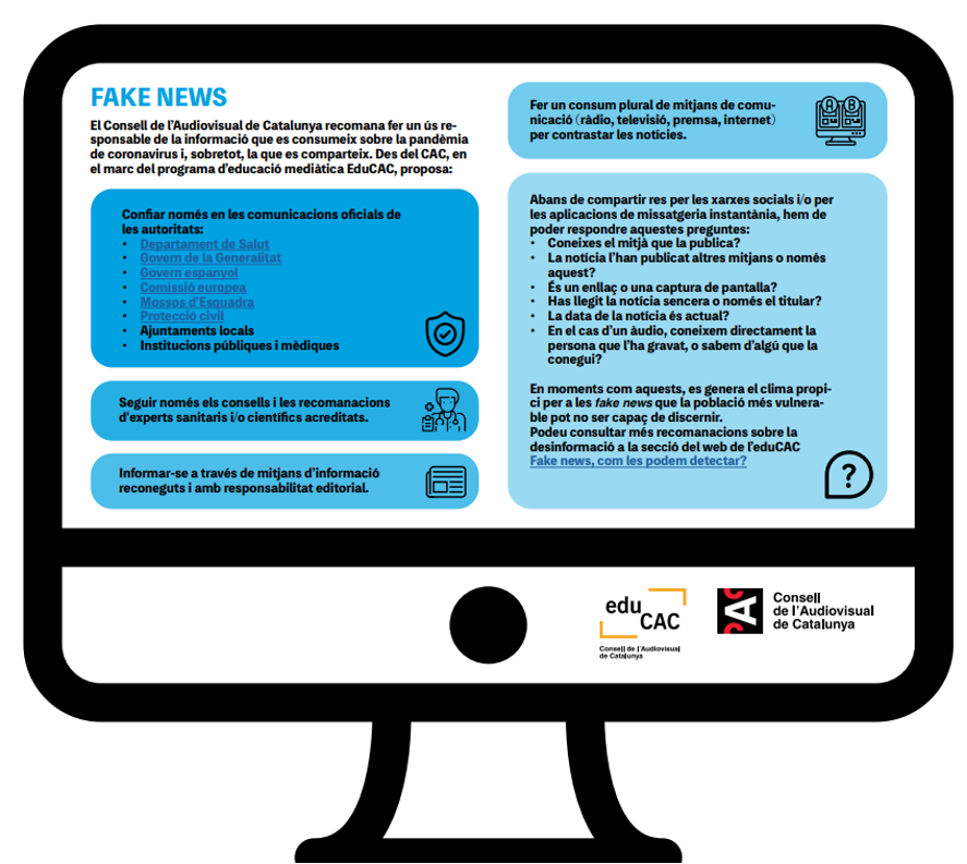 A computer screen displaying a poster in Catalan about fake news, with advice on how to identify and avoid it.