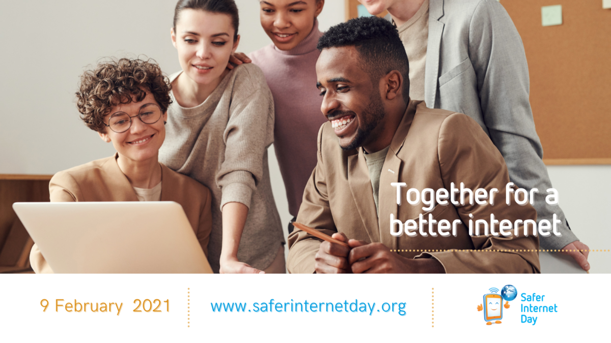 Five people looking at a laptop, with text: Together for a better internet, 9 February 2021, www.saferinternetday.org