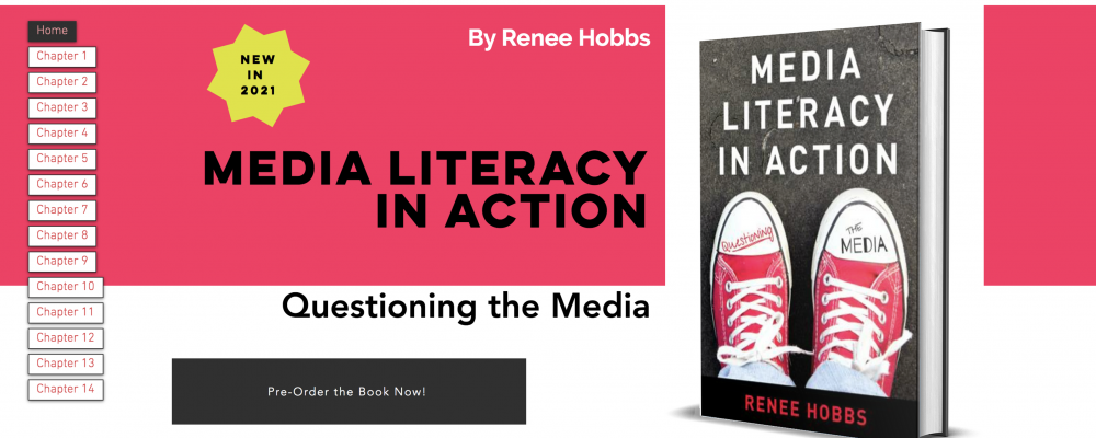 Website screenshot for "Media Literacy in Action" by Renee Hobbs, with a book cover and chapter list.