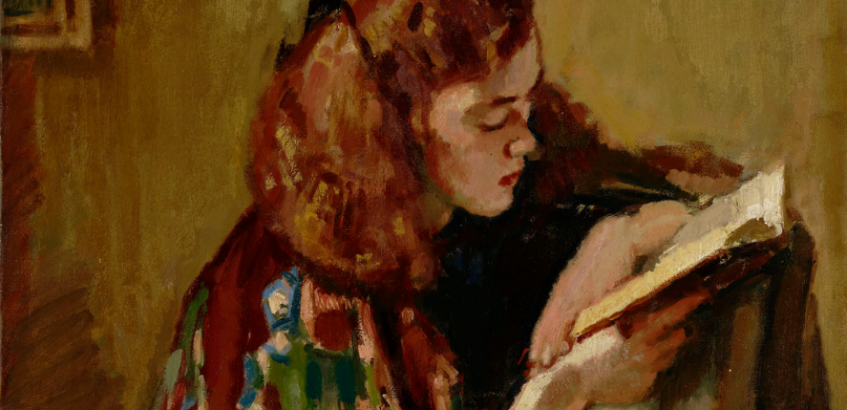 A painting of a young woman with red hair, looking down at a book she is holding.