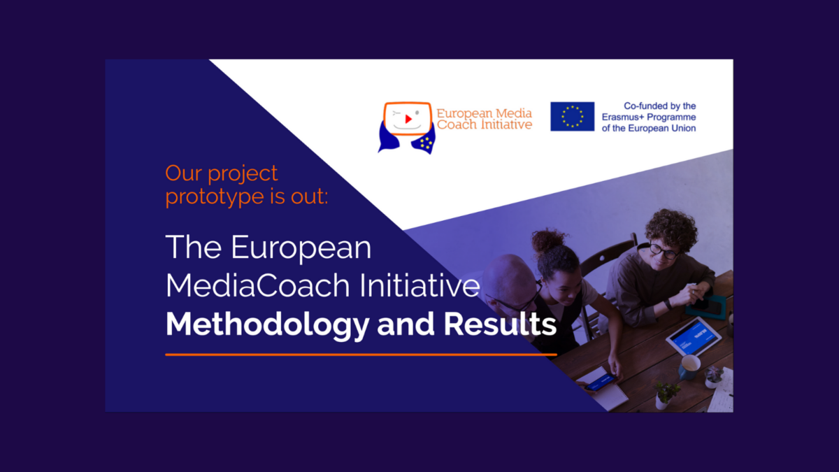 Slide: Our project prototype is out: The European MediaCoach Initiative Methodology and Results. With logos.