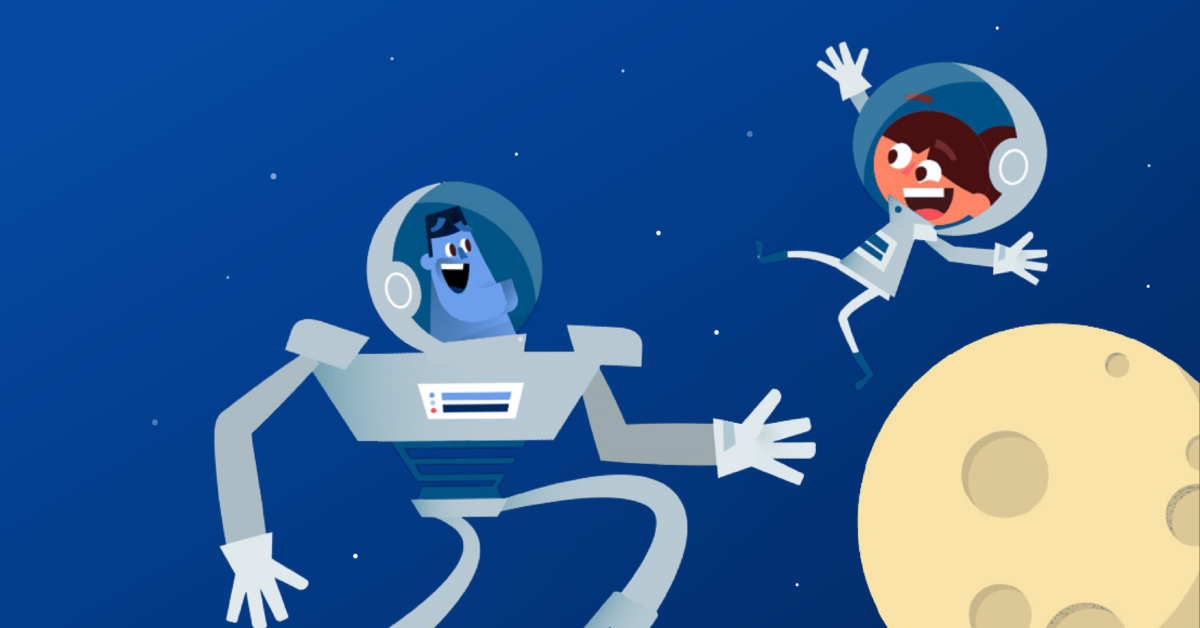 Two cartoon astronauts, a man and a child, float in space near the moon, surrounded by stars.