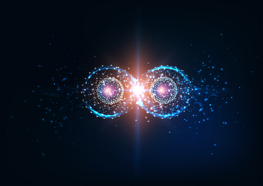 A futuristic, glowing infinity symbol made of interconnected blue and orange polygons and particles.