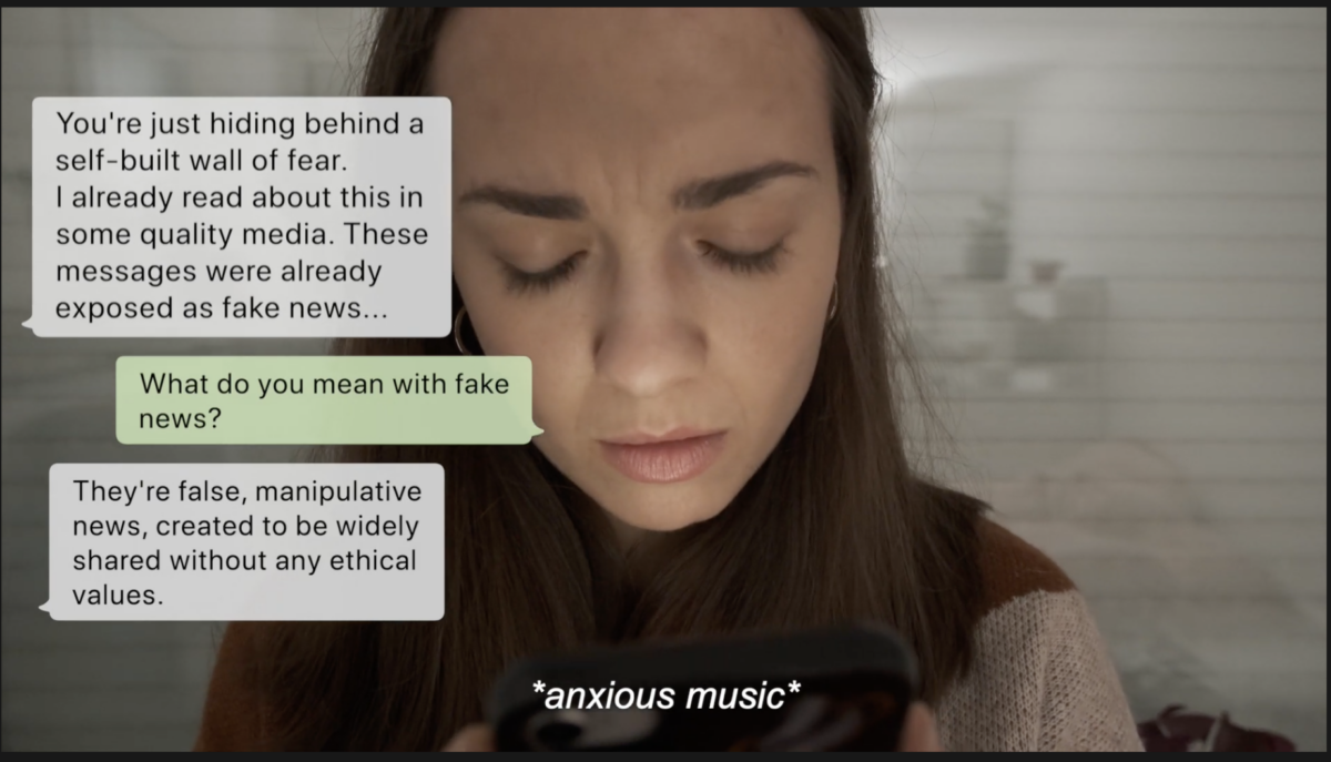 A woman looking at her phone, with text messages overlaid: 'What do you mean with fake news?'