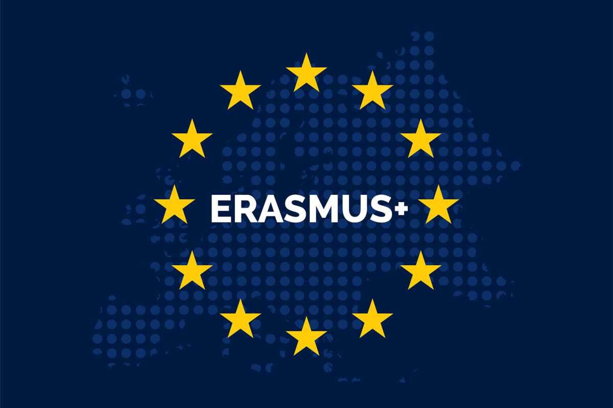 The word ERASMUS+ in white text on a dark blue background with the European Union map and stars.