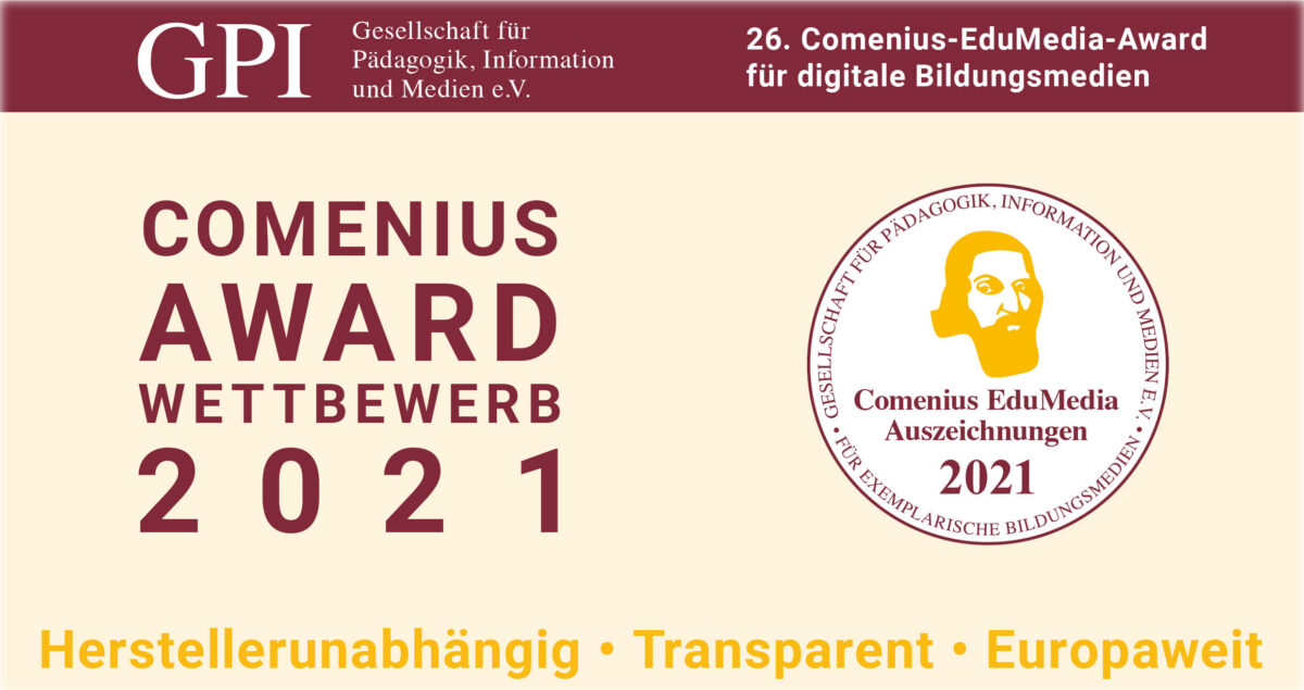 Comenius EduMedia Award 2021 banner with text: Comenius Award Wettbewerb 2021, Herstellerunabhängig, Transparent, Europaweit
