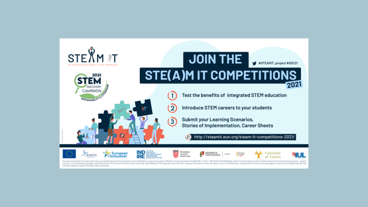 Poster for STE(A)M IT Competitions 2021, inviting schools to test integrated STEM education.