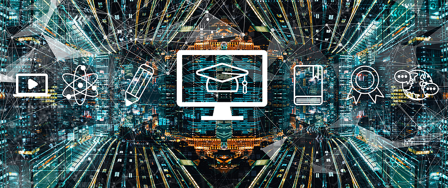 Digital learning concept with icons for video, science, writing, online education, books, awards, and global communication