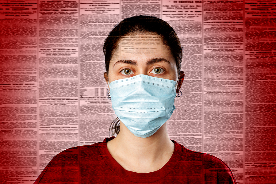 A woman wearing a surgical mask, with newspaper text superimposed on her forehead and in the background.