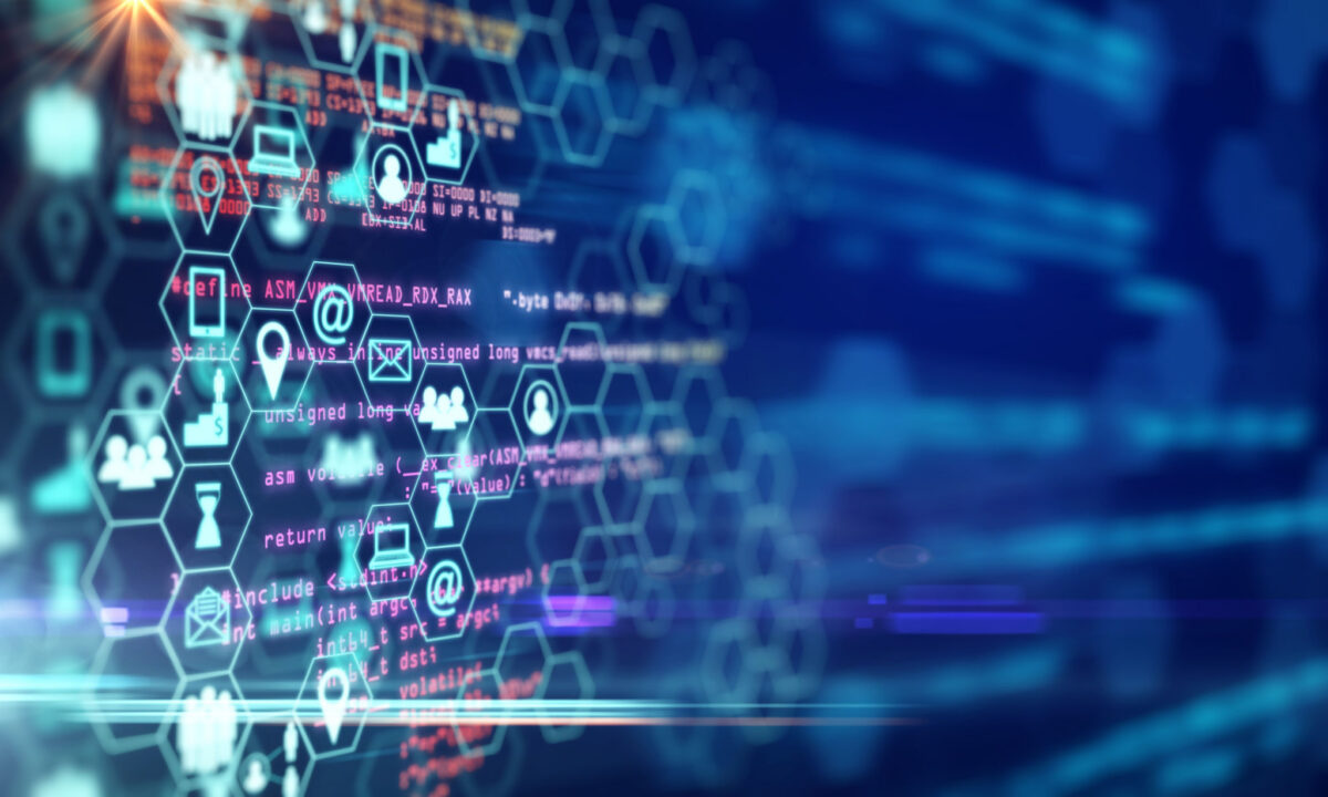 Digital background with glowing blue hexagons containing icons and lines of code