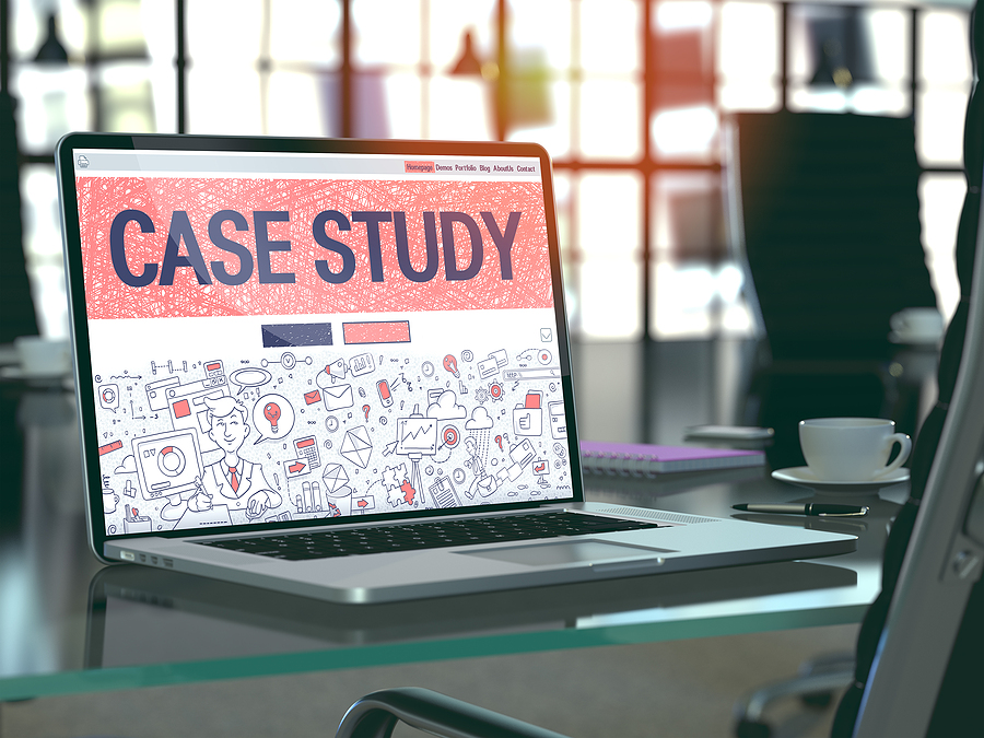 Laptop screen displaying a website with the title "CASE STUDY" and various doodle-style icons.